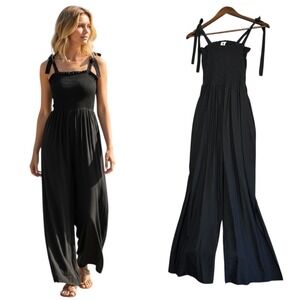 Flawless Black Smocked Wide Leg Jumpsuit Tie Strap Womens Size S Resort Pockets